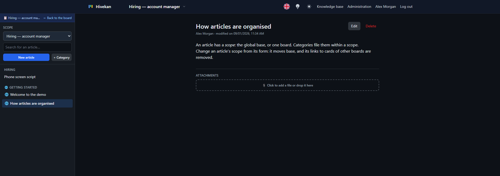 La base de connaissances : articles rangés par catégorie, avec leur portée.